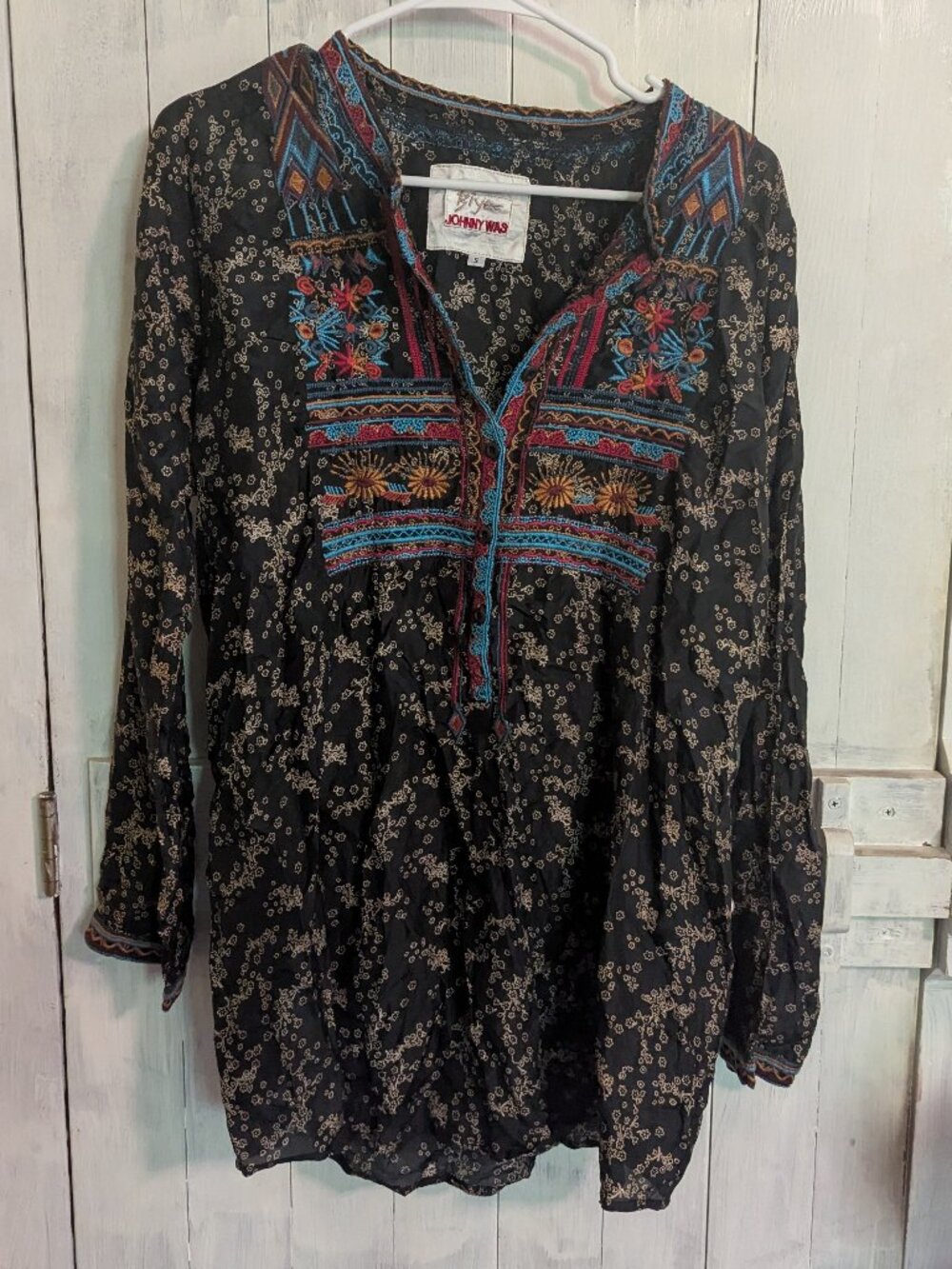 Johnny Was Biya Silk and Embroidered Button Down Tunic Shirt Size S